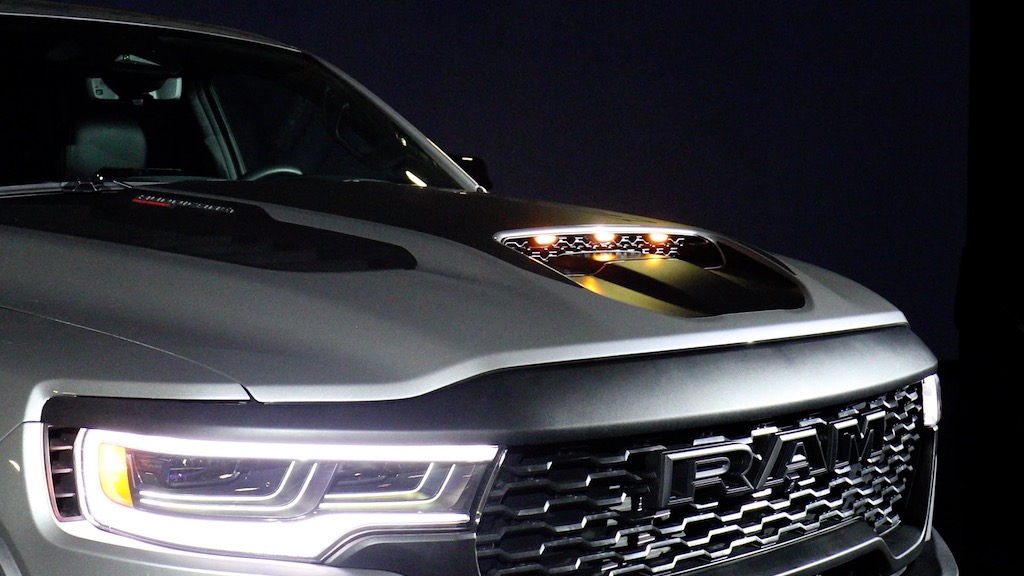 2025 Ram 1500 RHO. Image courtesy of Ram b-roll. LED lights in hood scoop.