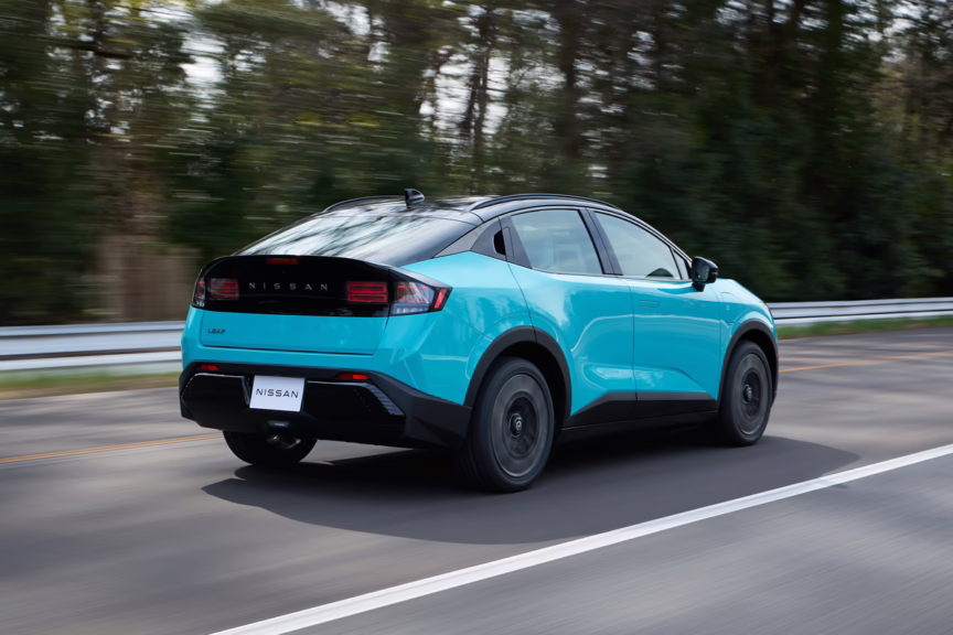 2026 Nissan Leaf, rear 3/4 in action. Image courtesy of Nissan.
