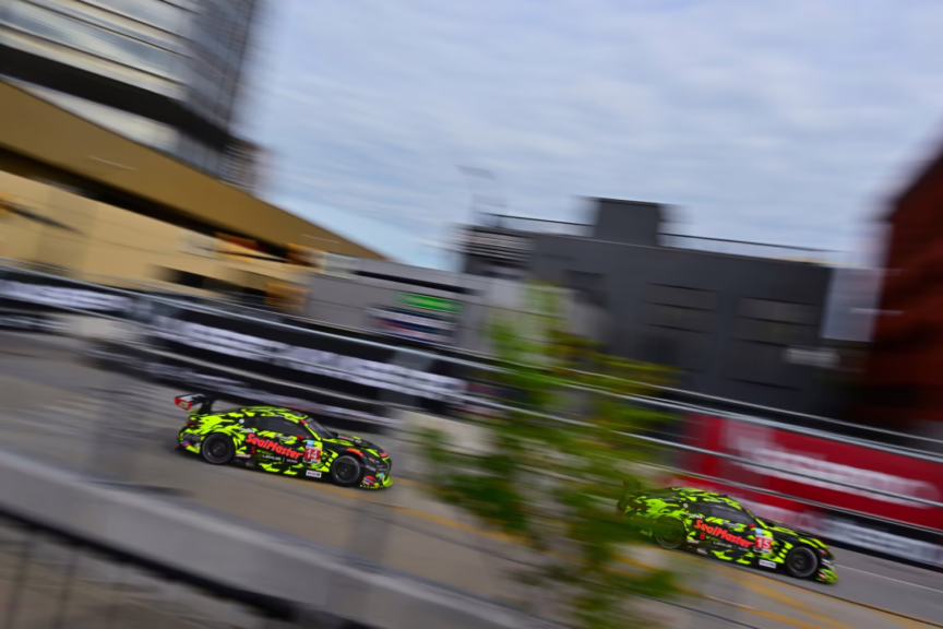 Both Lexus RC-F race cars in action at the 2025 Detroit Grand Prix. Image courtesy of Lexus.