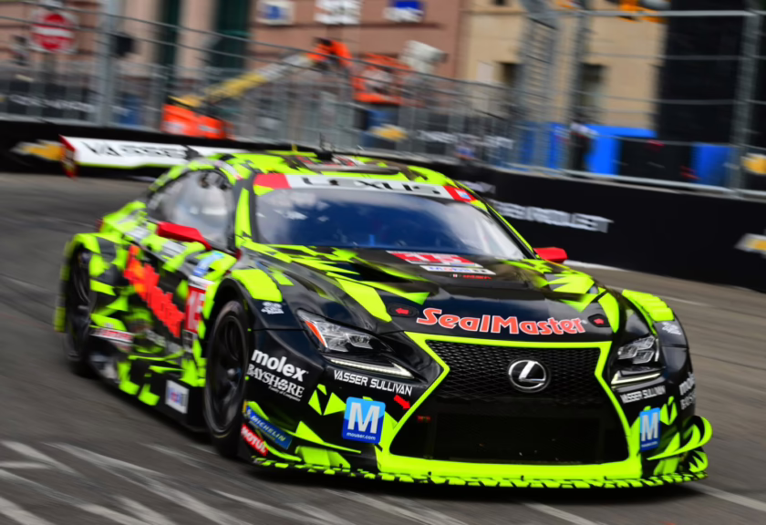 The front 3/4 of the Lexus RC-F race car in action at the 2025 Detroit Grand Prix. Image courtesy of Lexus.