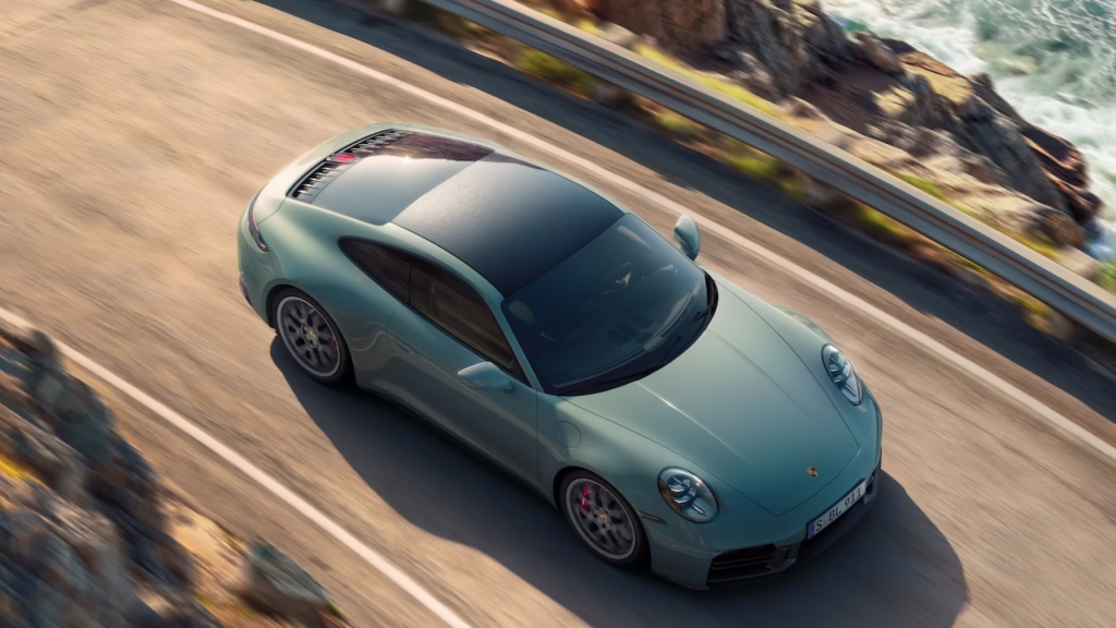 2026 Porsche 911 Carrera 4S Coupe, in action from above. Image courtesy of Porsche.