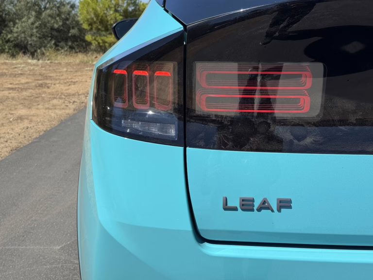 2026 Nissan Leaf Platinum+, the taillights, two horizontal bars and three vertical bars, represent 2,3 in Japanese or ni, san. Image by Robin Warner