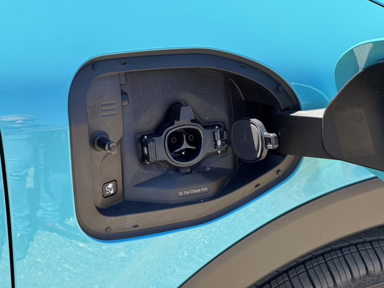 2026 Nissan Leaf Platinum+, passenger side NACS port. Image by Robin Warner