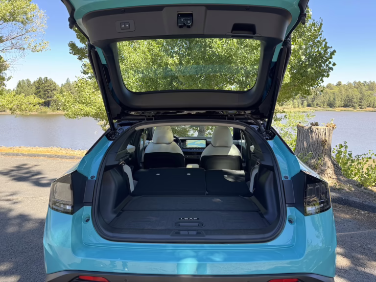 2026 Nissan Leaf Platinum+, cargo space with second row folded. Image by Robin Warner