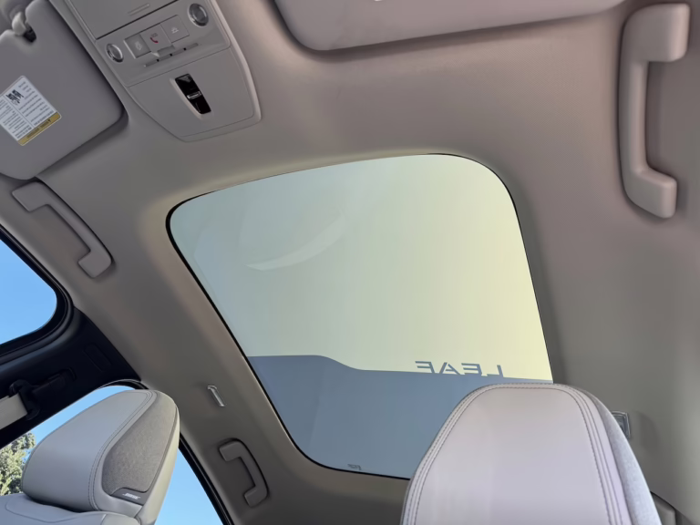 2026 Nissan Leaf Platinum+, liquid crystal panoramic glass roof. Image by Robin Warner