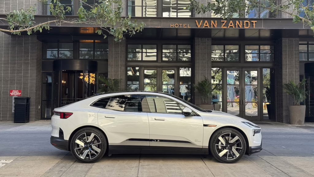 2026 Polestar 4, in profile at the Hotel Van Zandt in downtown Austin Texas. Image by Robin Warner