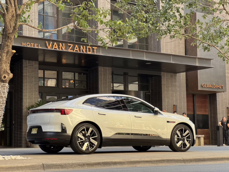 2026 Polestar 4, rear 3/4, at the Hotel Van Zandt in downtown Austin Texas. Image by Robin Warner