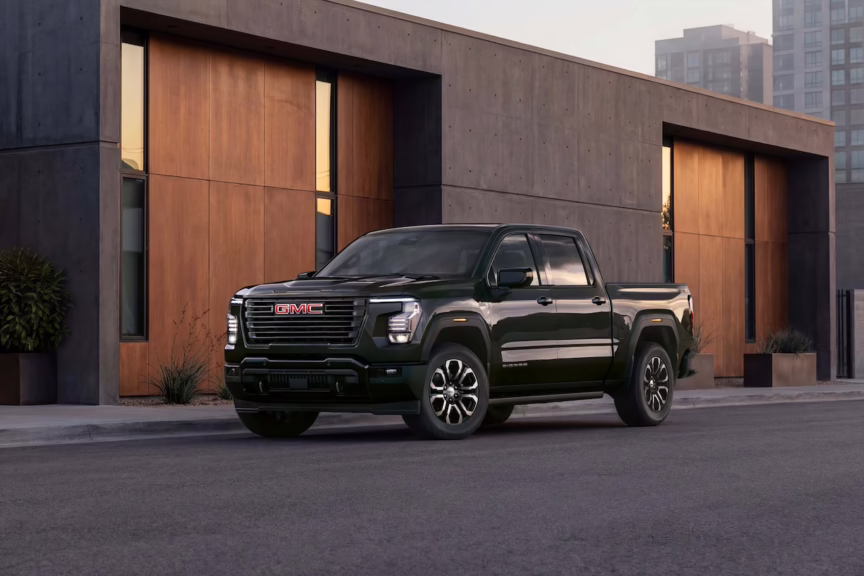 Elevation Crew Cab in Onyx Black. Exterior driver front 3/4 shot. Image courtesy of GMC