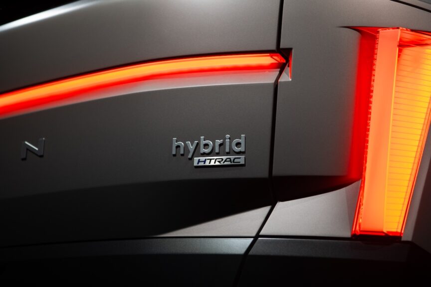 2027 Hyundai Tucson. In studio. Hybrid powertrain lettering in back. Image courtesy of Hyundai